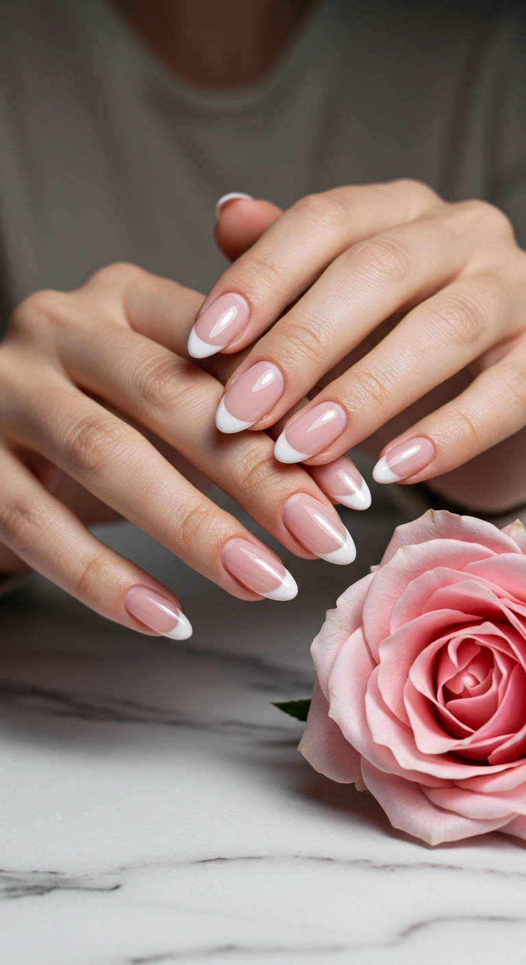 Close-up of almond-shaped nails with classic baby pink French tips.