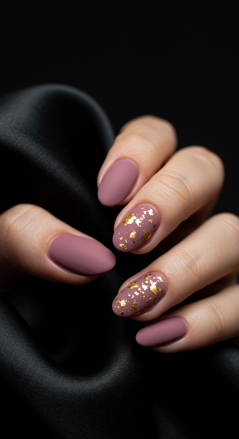 Matte dusty rose nails adorned with delicate gold flakes.
