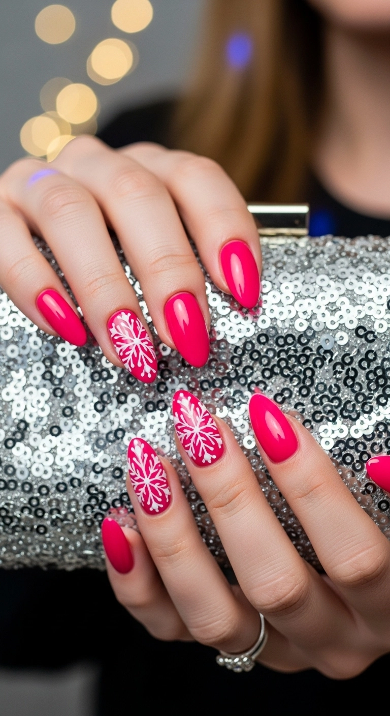 Hot pink almond nails with detailed white snowflake accent art.