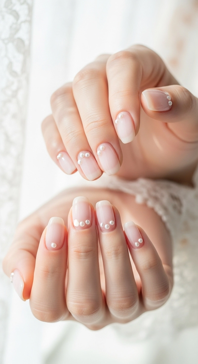 Sheer milky pink nails embellished with tiny pearls near the cuticle.