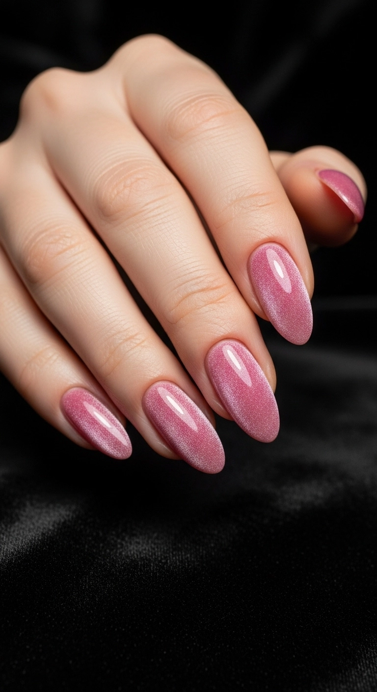 Almond-shaped nails with the trendy pink velvet magnetic polish effect.