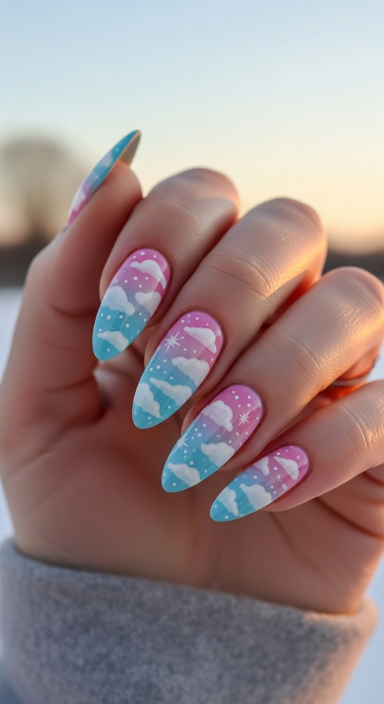 Long almond nails with a pink and blue ombre