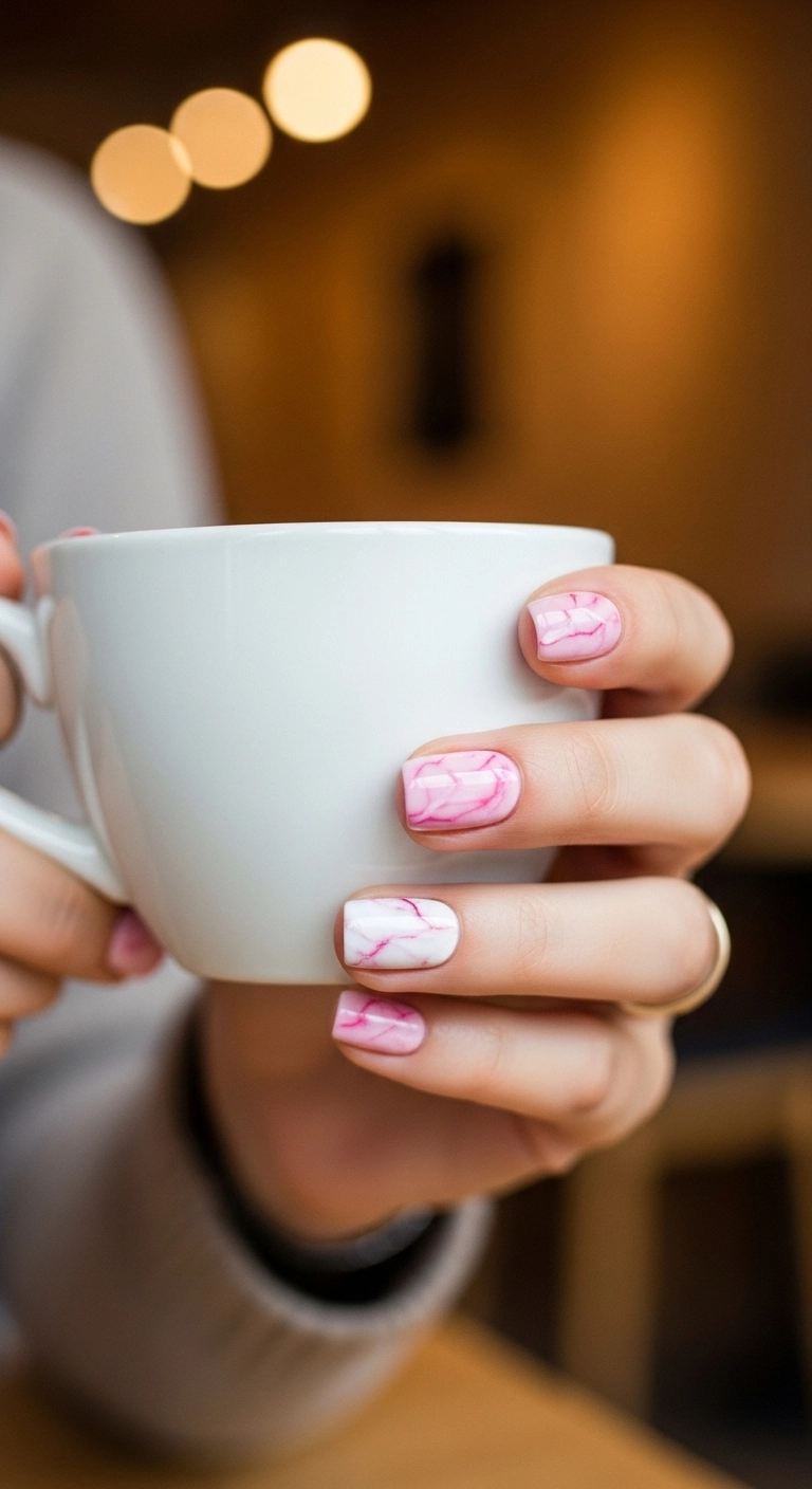 Short rounded nails with a delicate pink and white marble design.