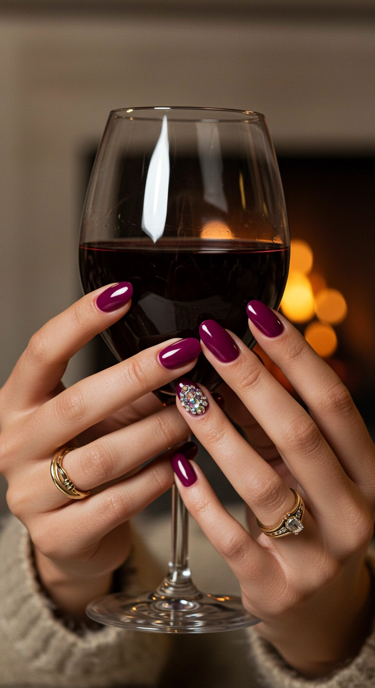 Deep cranberry pink nails with a cluster of crystals on the accent finger.
