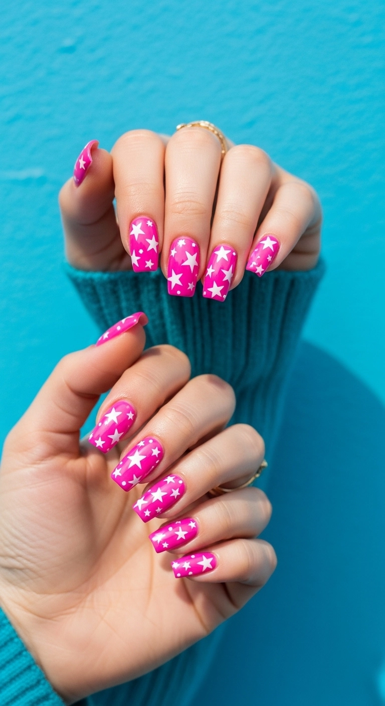 Bright bubblegum pink nails decorated with small white stars.