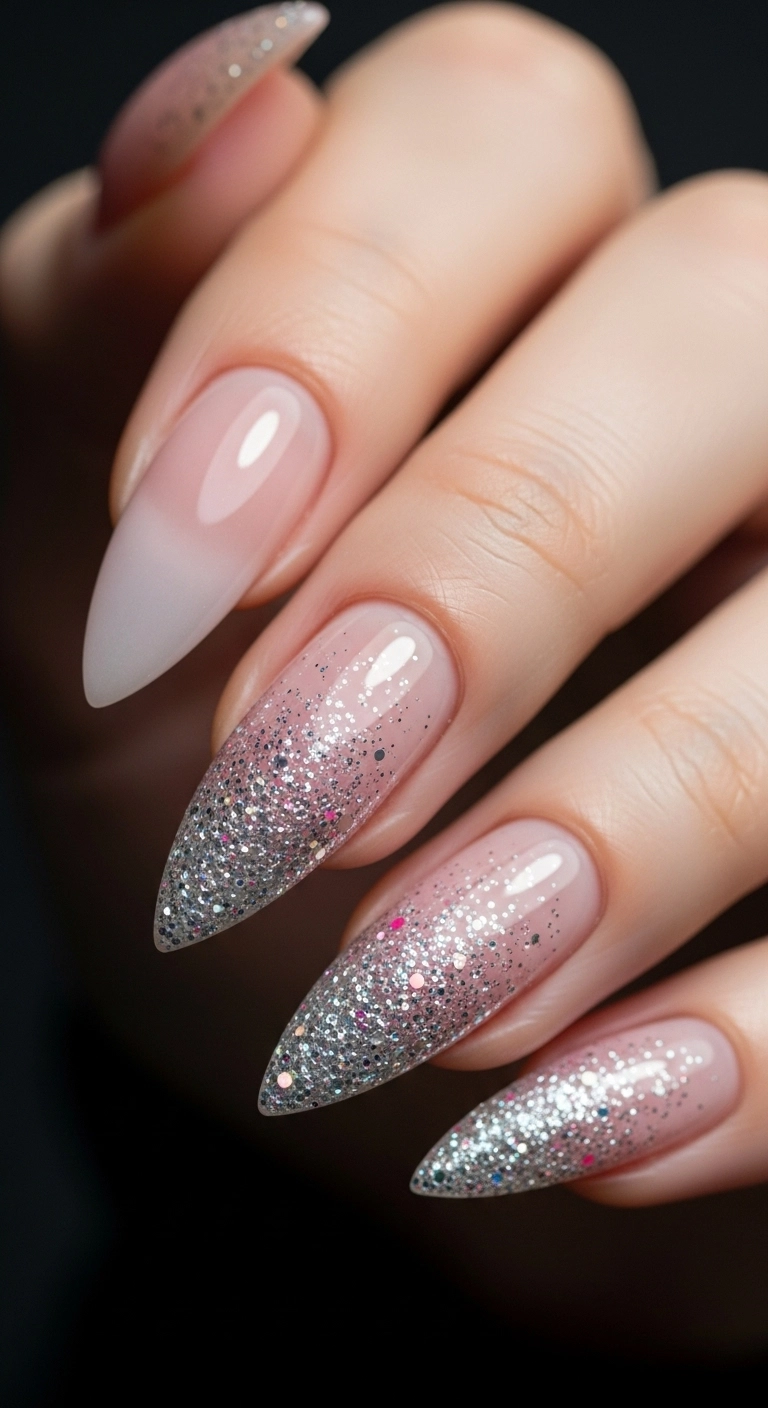 Stiletto nails with an icy pink and silver glitter ombre effect.