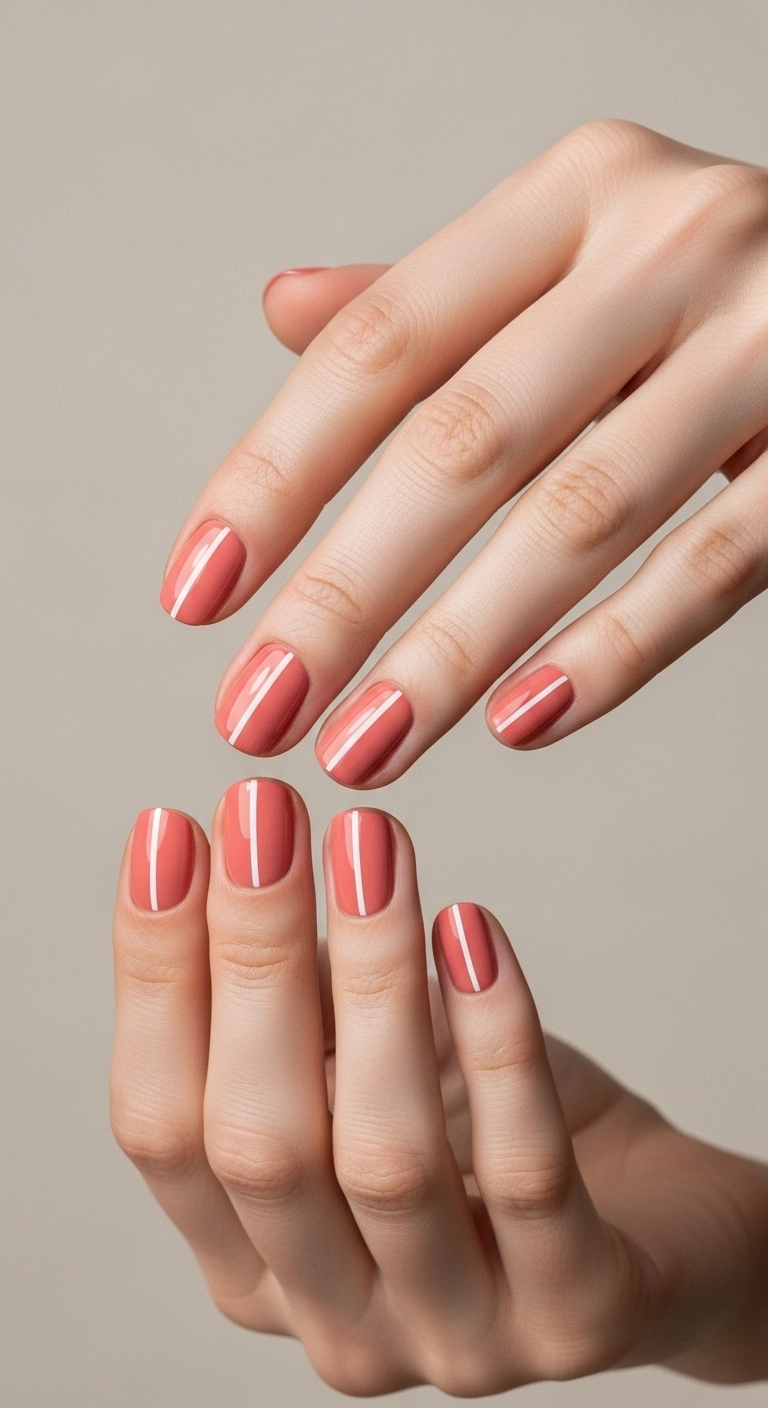 Short nails in a peachy-pink color with a single minimalist white line.