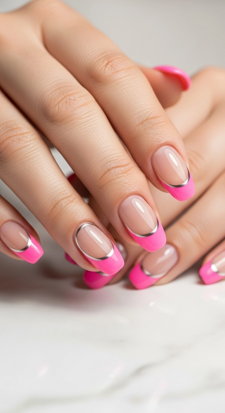 A modern French manicure with pink tips and a fine silver line accent.