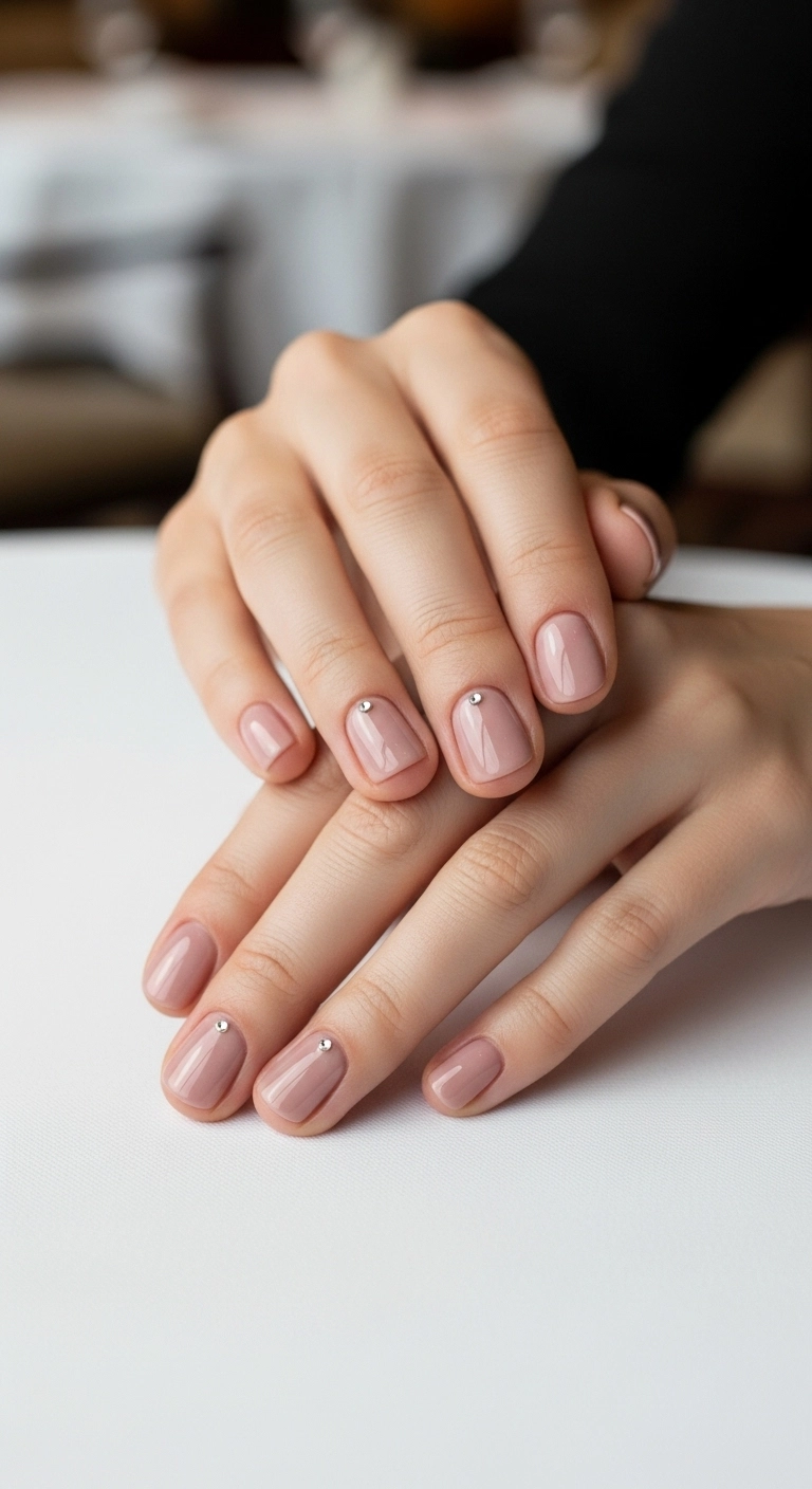 Short, muted mauve-pink nails each with a single tiny rhinestone at the base.