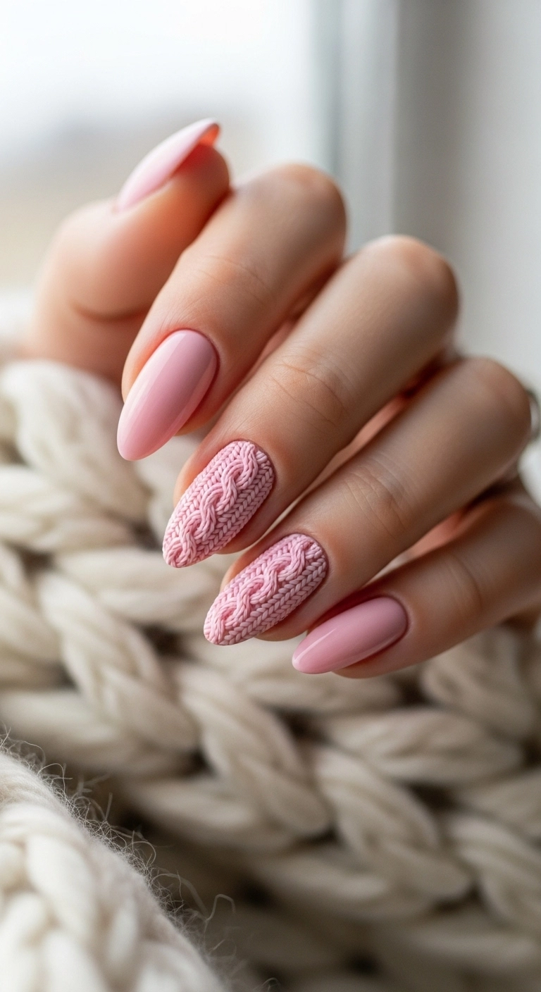 A close-up of soft pink sweater nails with a 3D cable knit texture on an accent nail.
