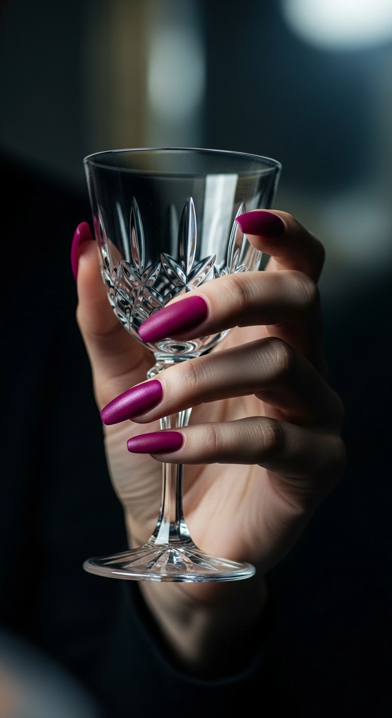 Medium coffin nails in a deep magenta color with a smooth matte finish.