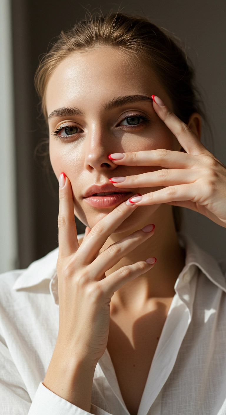 A woman showcasing her modern French manicure with thin red tips on almond nails.