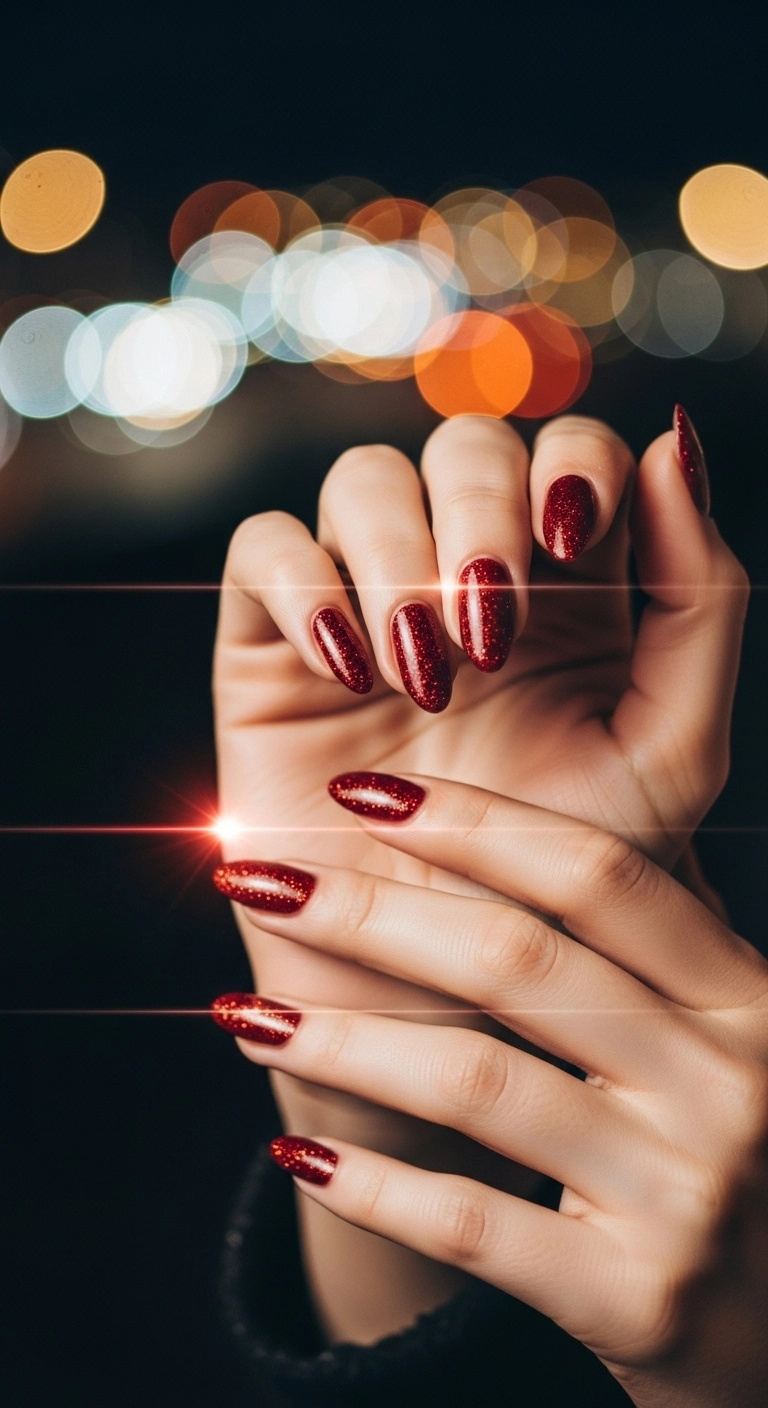 Glamorous ruby red glitter almond nails sparkling against a background of city lights.