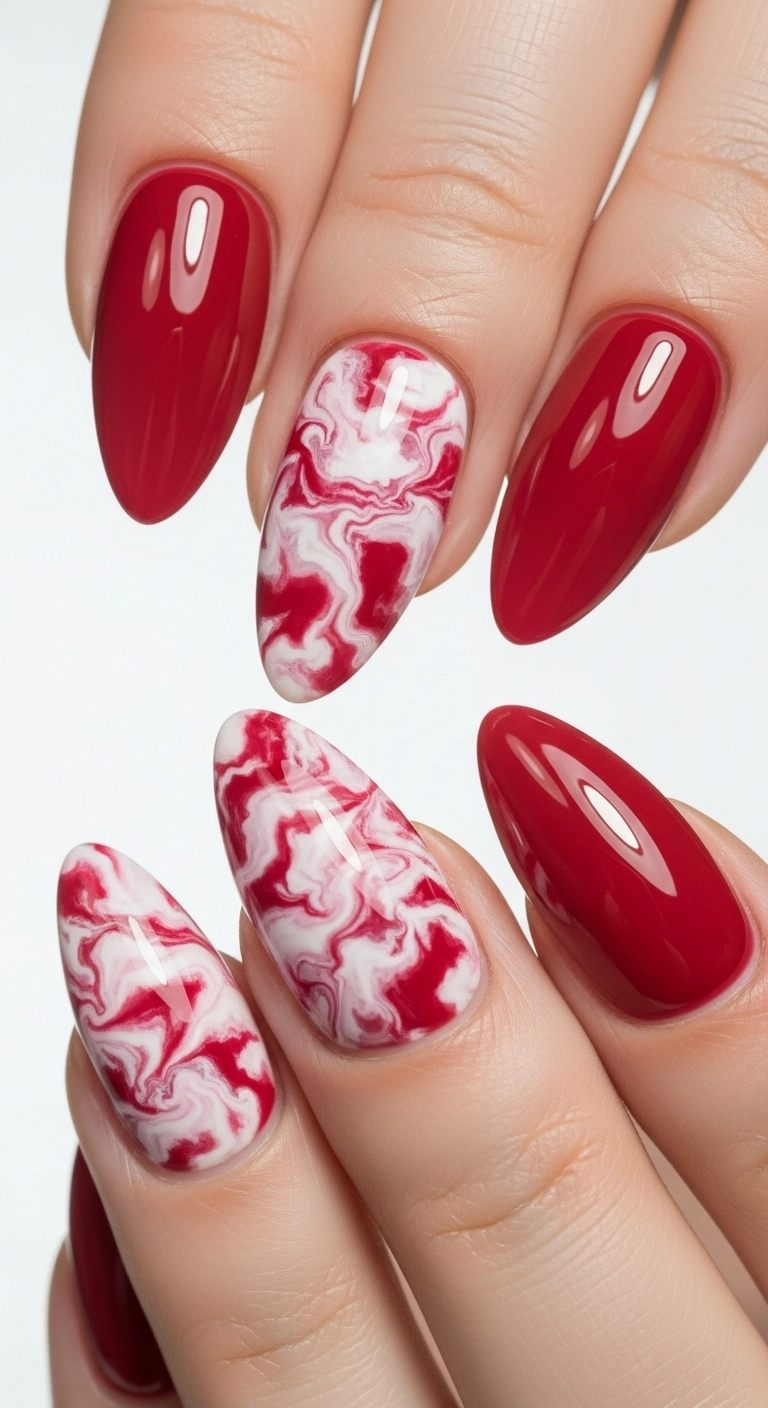 Macro shot of glossy crimson almond nails with a red and white marble accent nail.