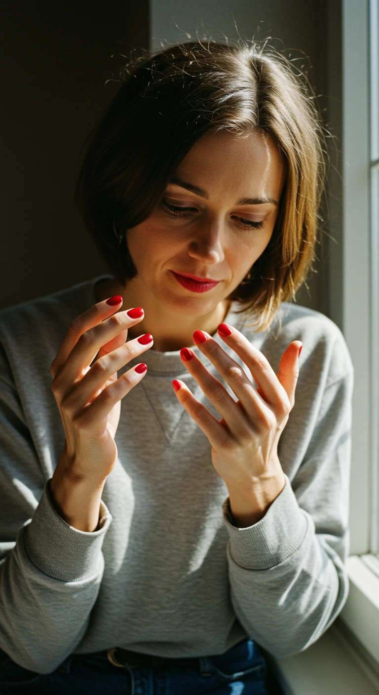 A woman looking at her mismatched manicure with different shades of red on each almond nail.