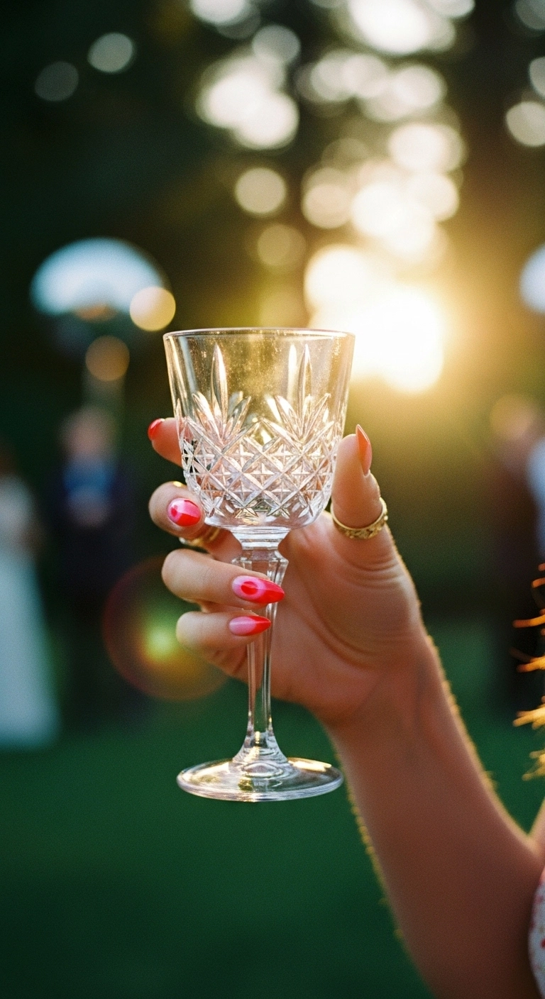 A hand holding a glass, showcasing red aura almond nails with a glowing center.