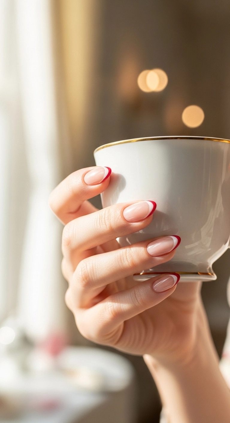 A perfectly manicured hand with cherry red micro French tips on almond nails holding a teacup.