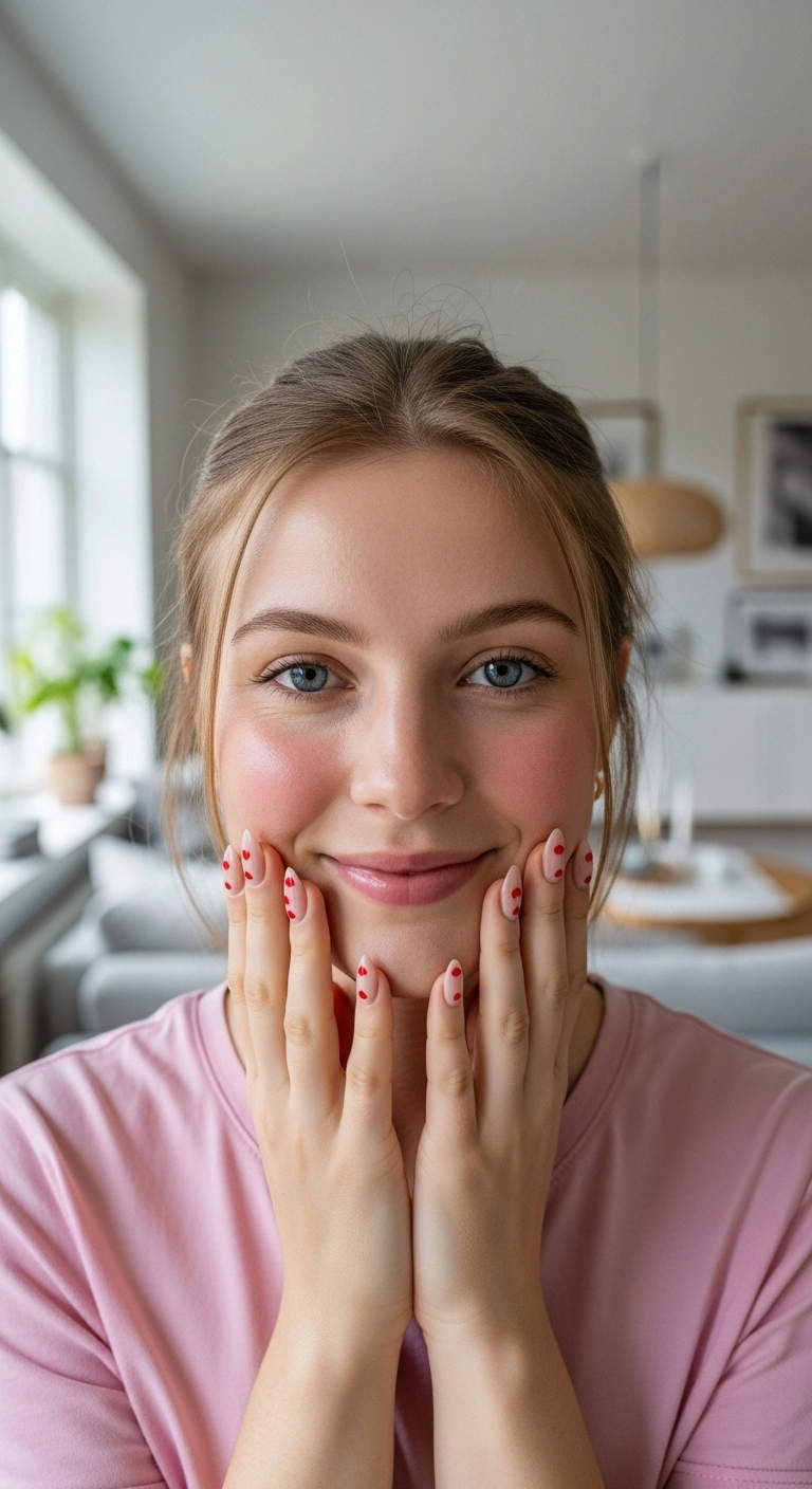 A woman smiling and showing her nude almond nails with tiny red heart designs.