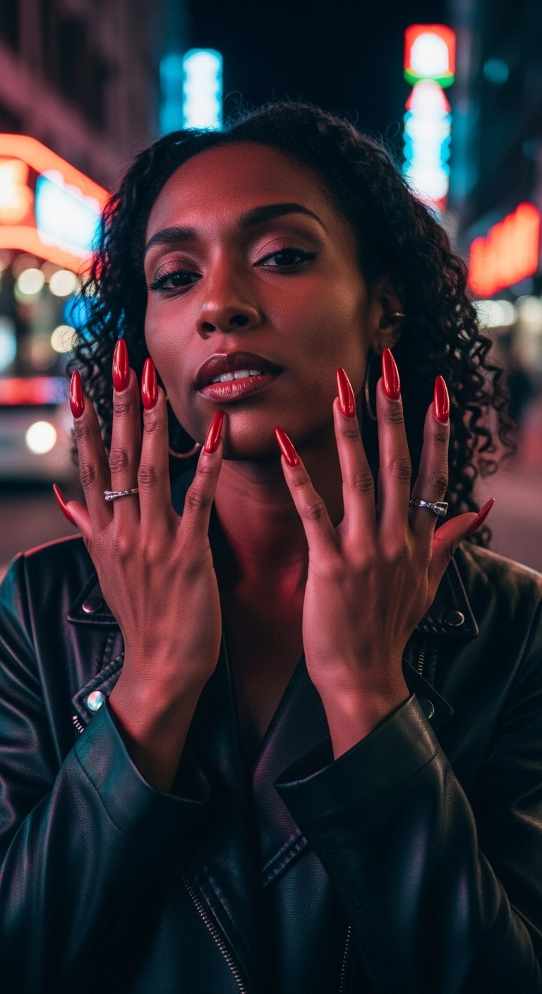 Striking red chrome almond nails on a woman in a leather jacket on a city street at night.