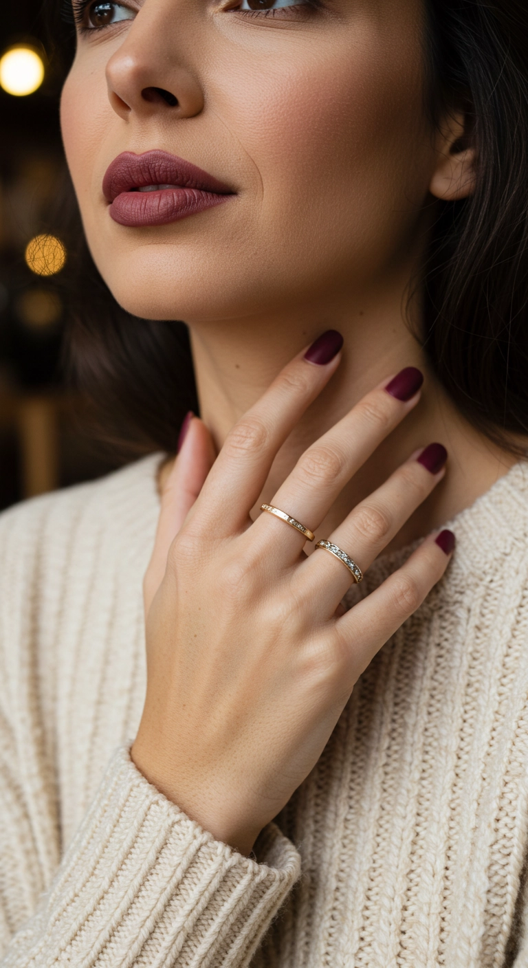 A woman with deep burgundy matte almond nails, wearing a cozy cream sweater.