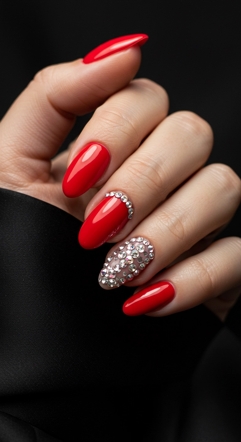 Close-up of fire-engine red almond nails with a delicate rhinestone accent along the cuticle.