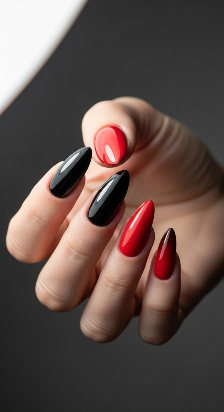 Close-up of a dramatic black-to-red ombré manicure on almond nails.