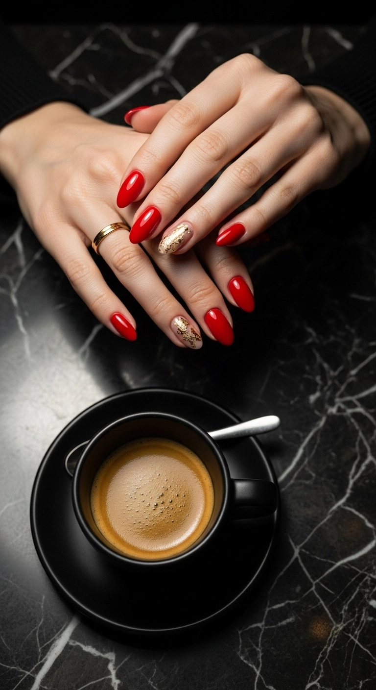 Overhead view of scarlet red almond nails with gold foil accents on a marble table.