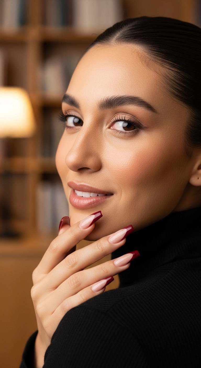 Long coffin nails with a sharp, deep V-cut French manicure in a wine red color.