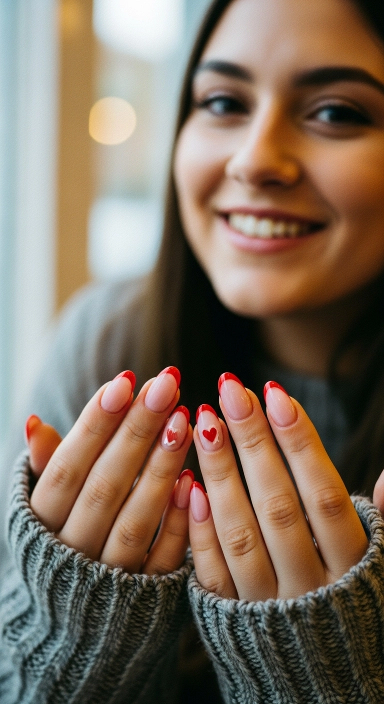 Oval nails with bright red French tips and a small white heart accent on one nail.