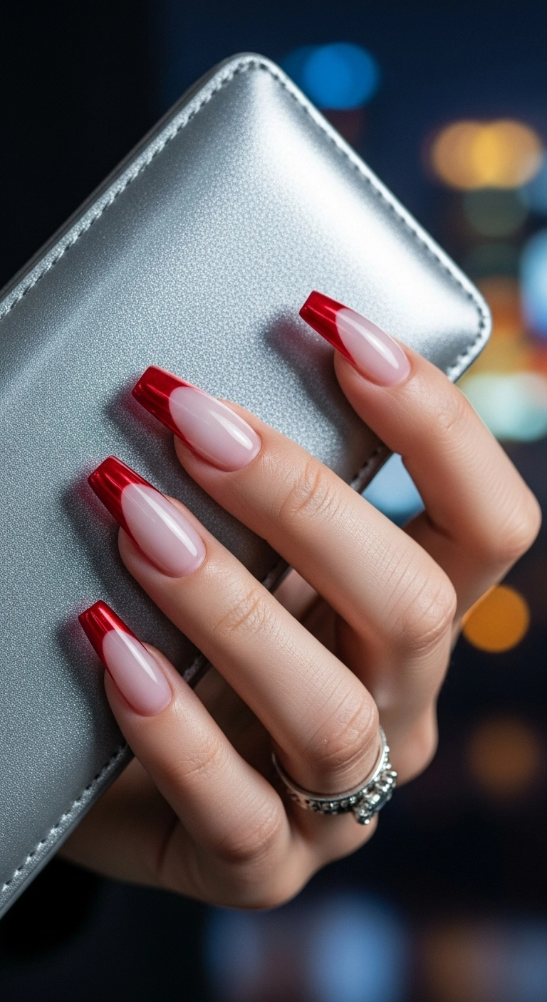 Long coffin nails with a highly reflective, metallic red chrome French tip.