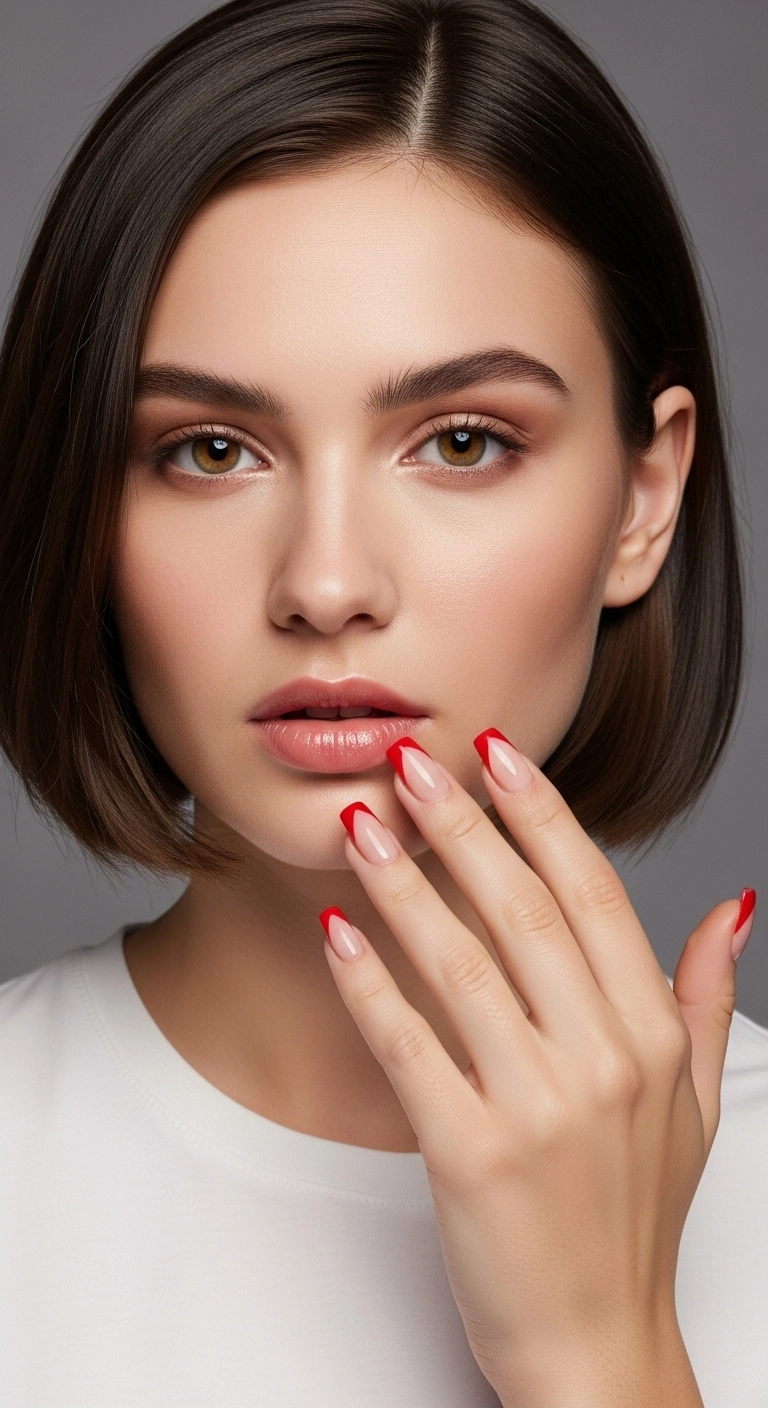 Short square nails with the red French tip applied in a sharp diagonal line across the nail.