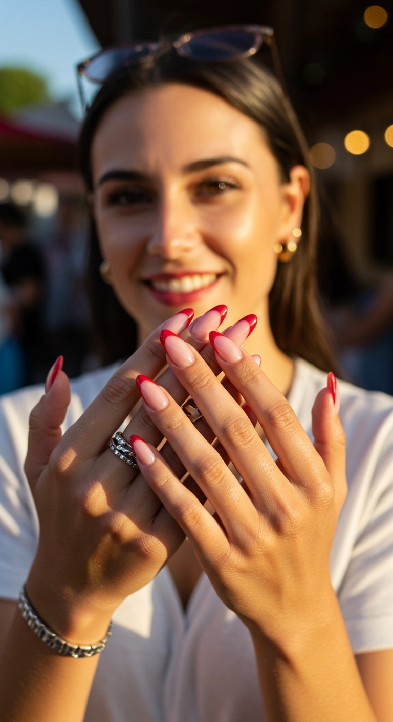 A set of almond nails where each red French tip is a slightly different shade of red.