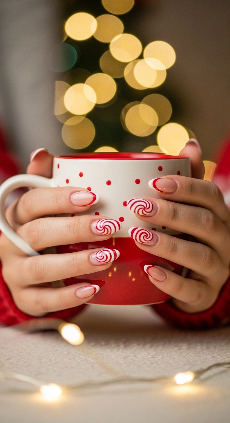 Almond nails with a French tip made of swirling red and white lines, reminiscent of a candy cane.