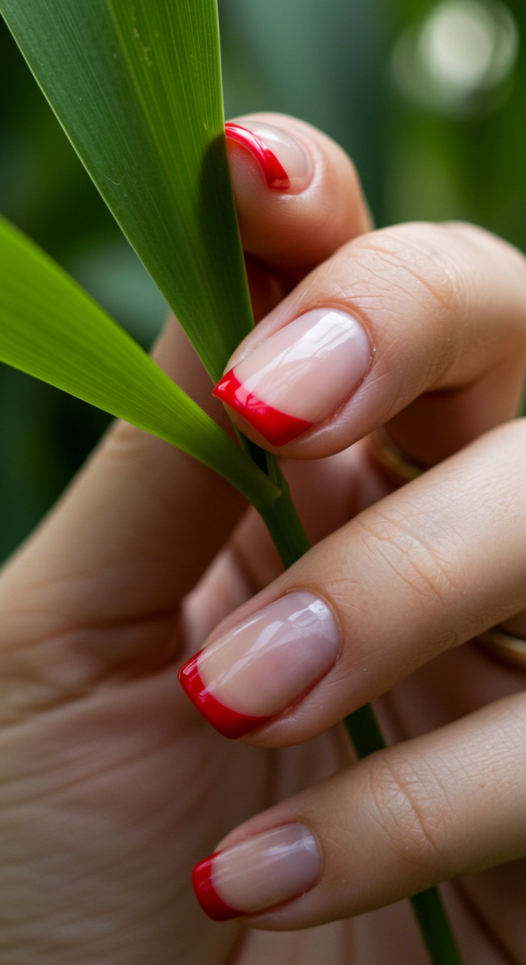 Short square nails with a very thin, micro French tip in scarlet red.