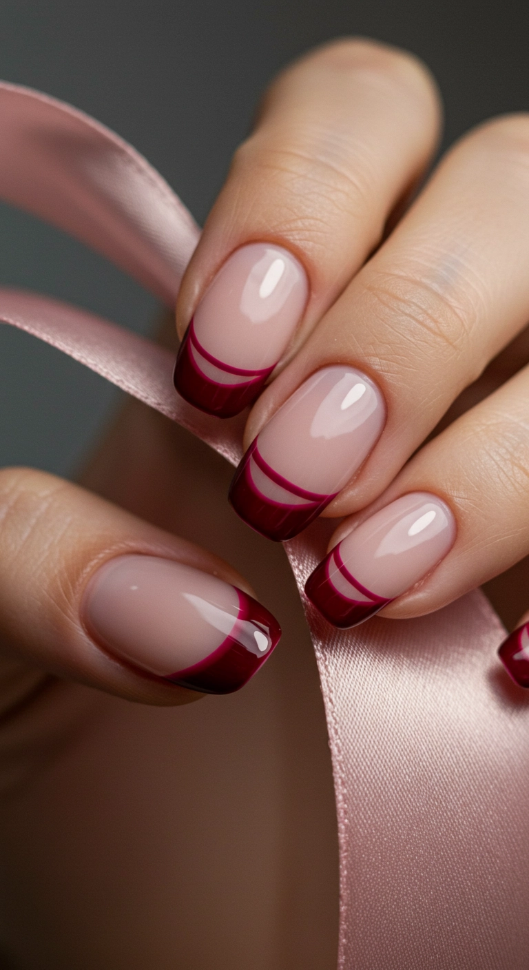 Squoval nails with a double French tip featuring two shades of red, one light and one dark.