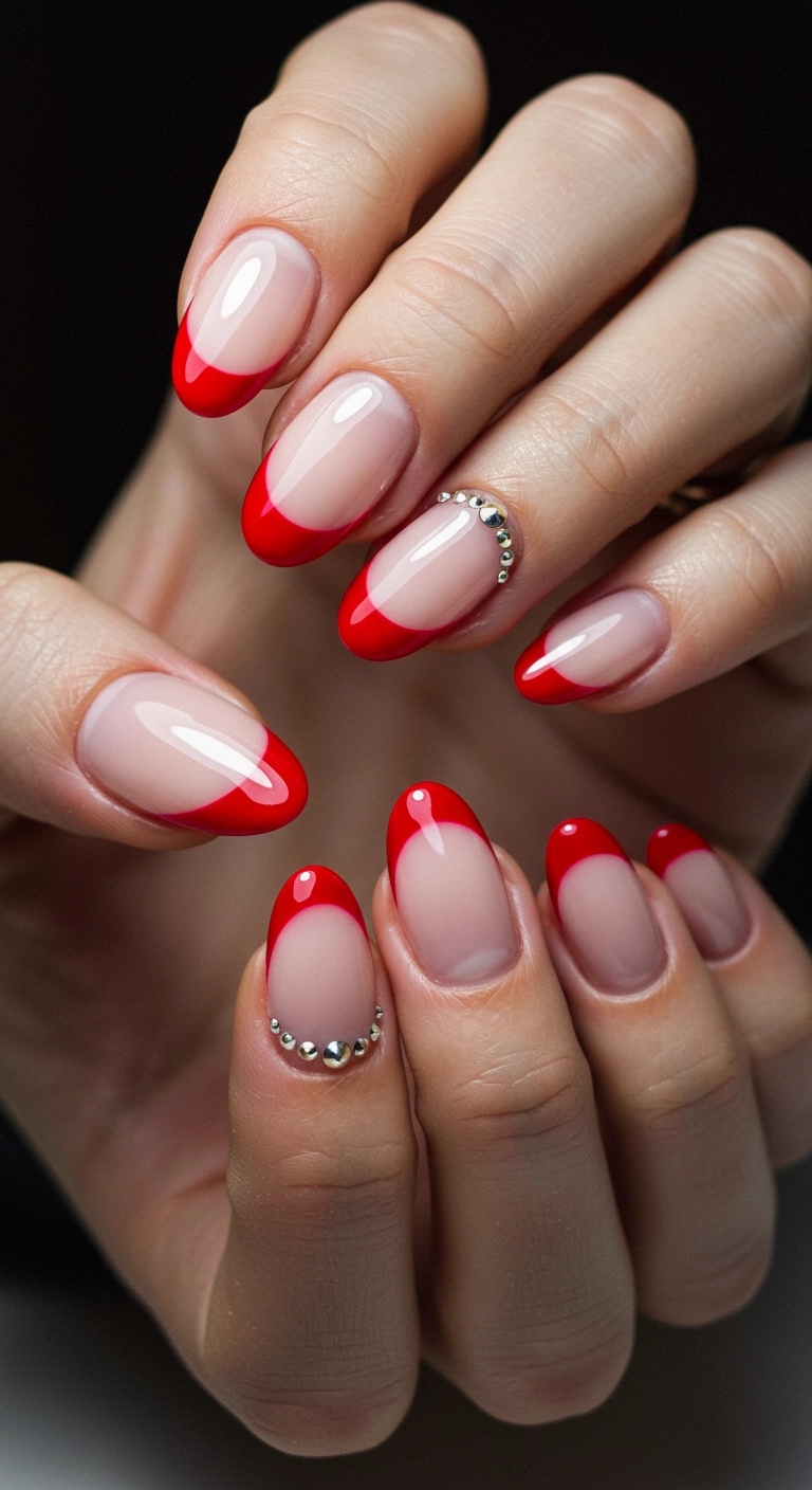 Oval nails with classic red French tips and a line of tiny rhinestones along the cuticle.