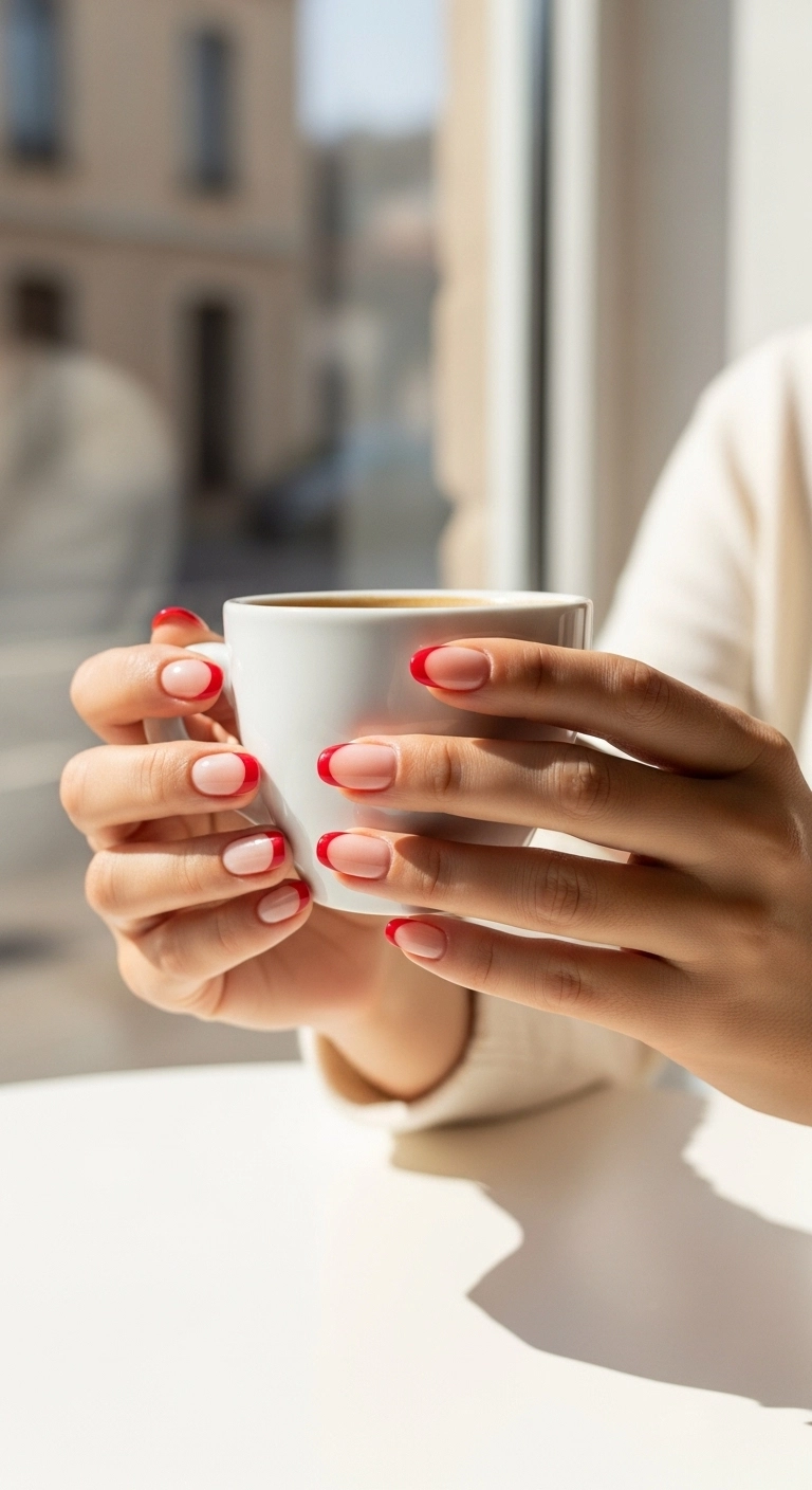 A woman's hands with classic cherry red french tip nails on a sheer nude base, almond nail shape.