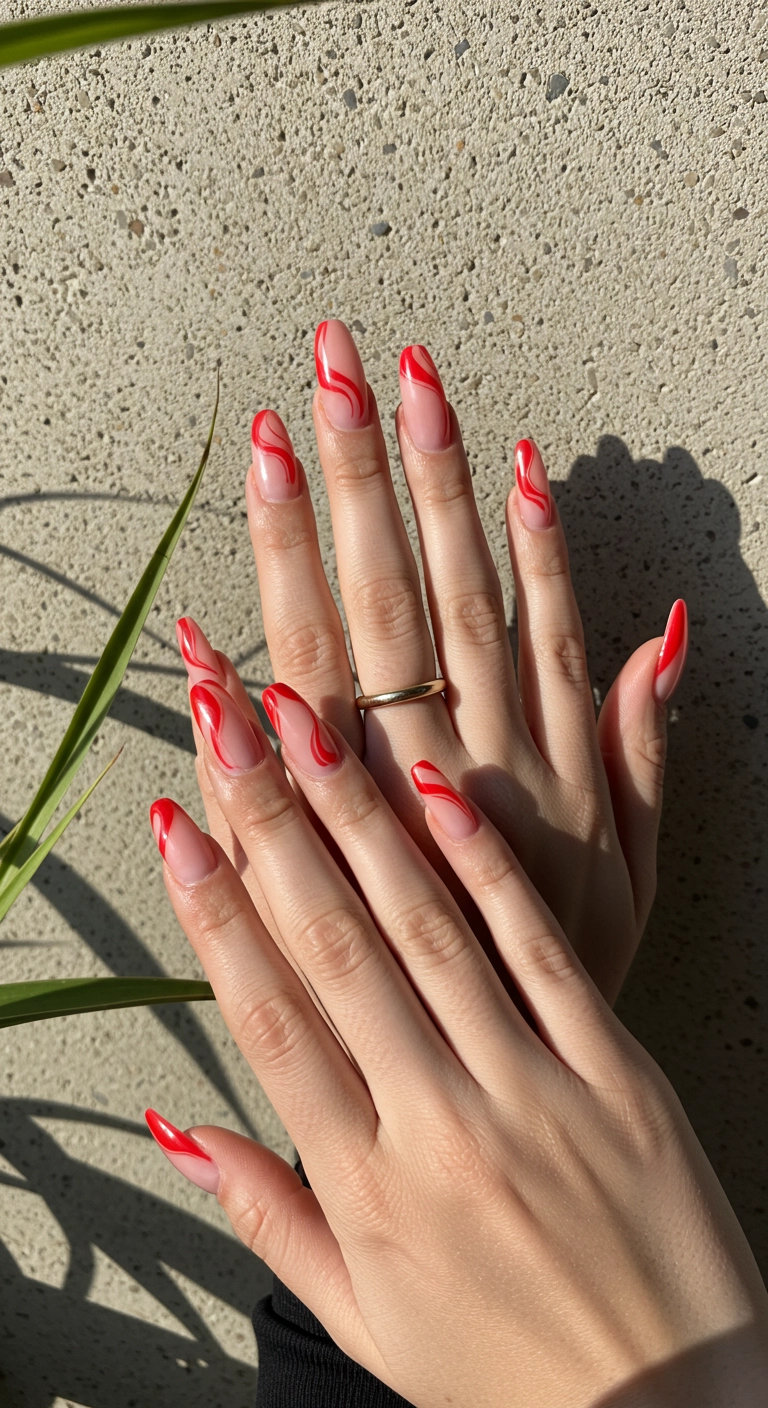 Almond nails with an asymmetrical, wavy red line defining the tip instead of a straight one.