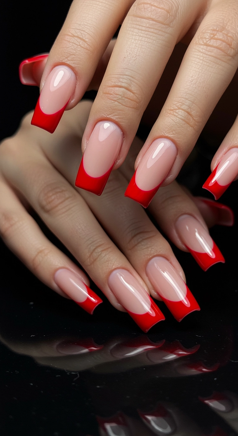 Long square nails with a red French tip that is outlined with a very thin black line.