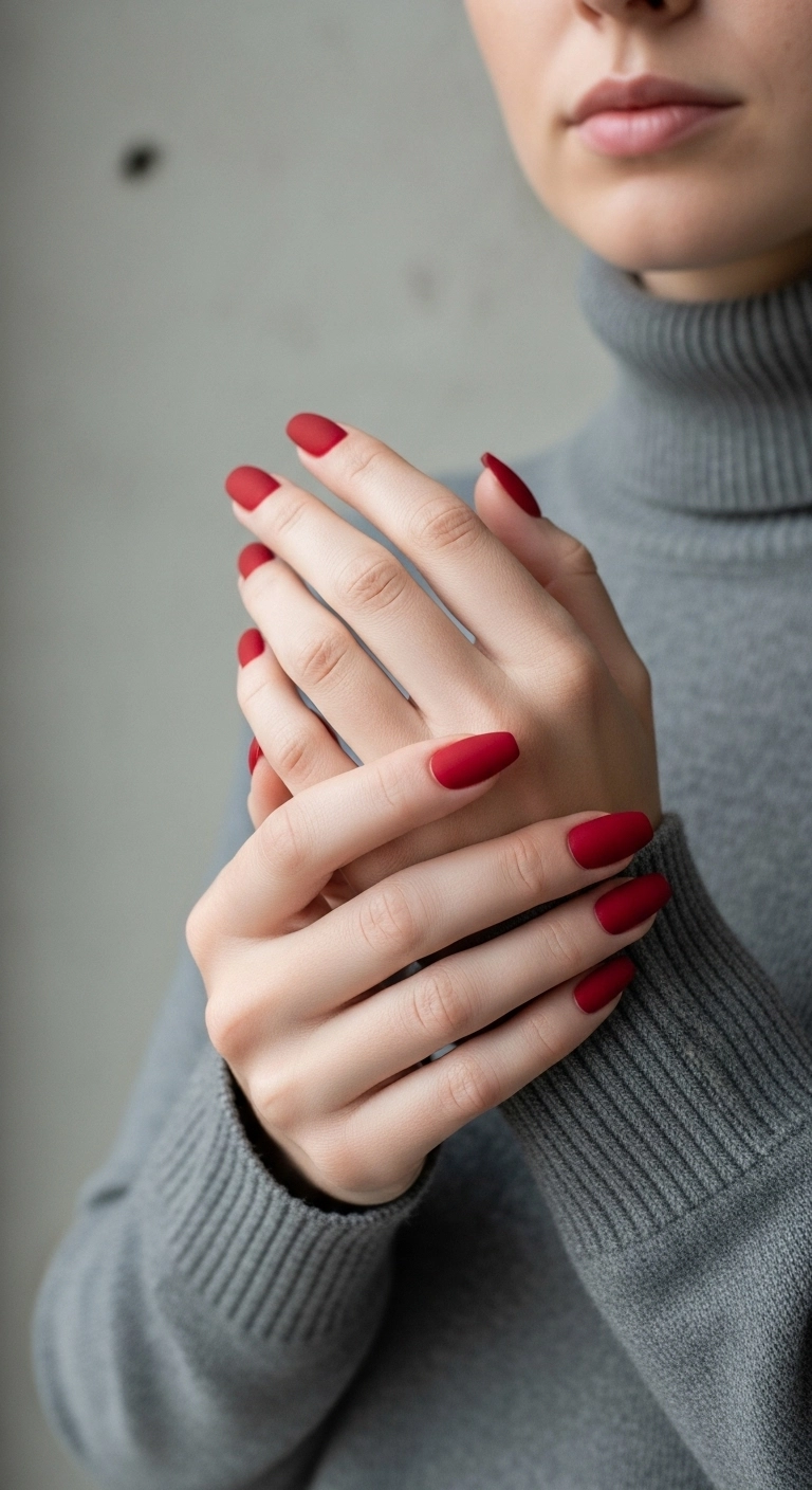 A woman's hands with medium coffin-shaped nails in a vibrant, velvety matte red finish.
