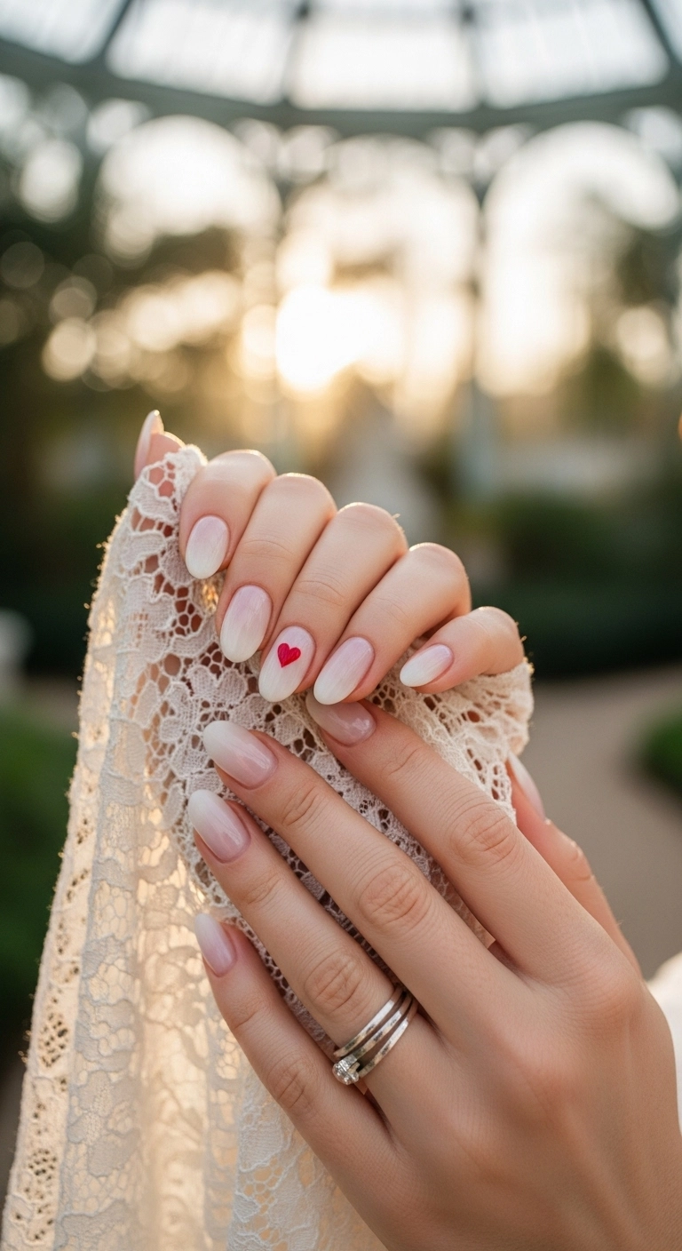 Oval nails with a milky white base and a tiny red heart accent on the ring finger.