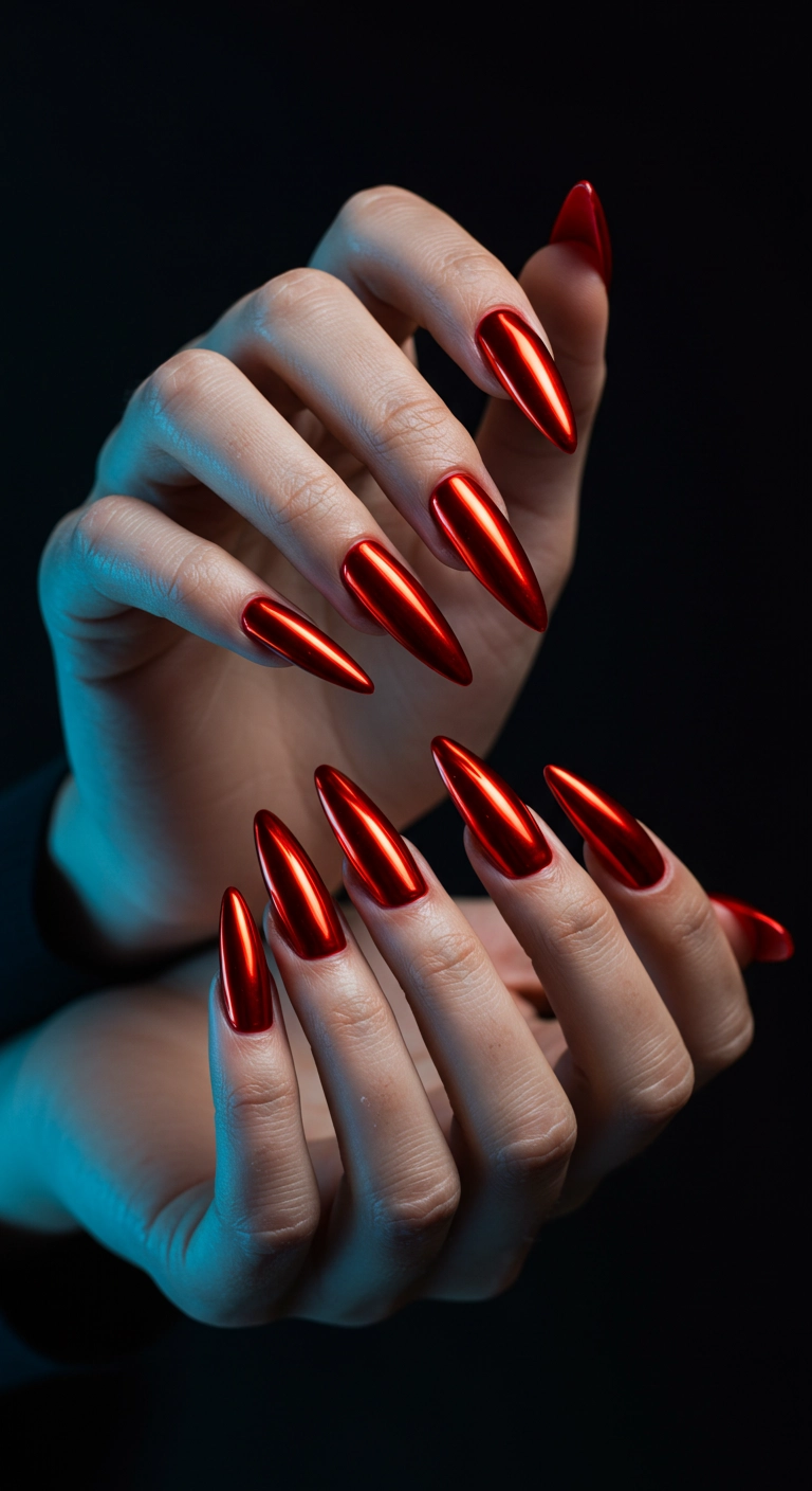 Stiletto nails with a highly reflective, mirror-like red chrome finish.