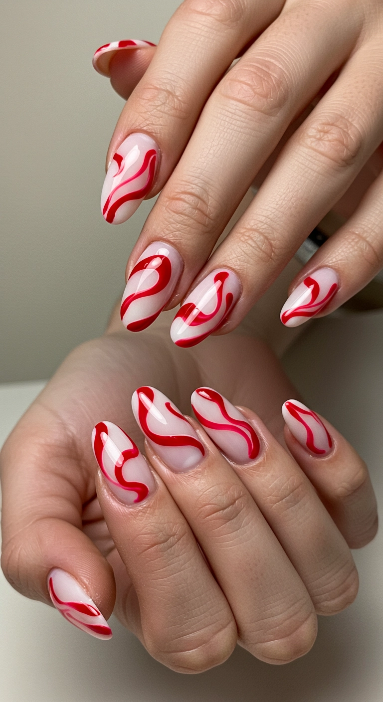 Long oval nails with a milky white base and abstract swirls in two different shades of red.