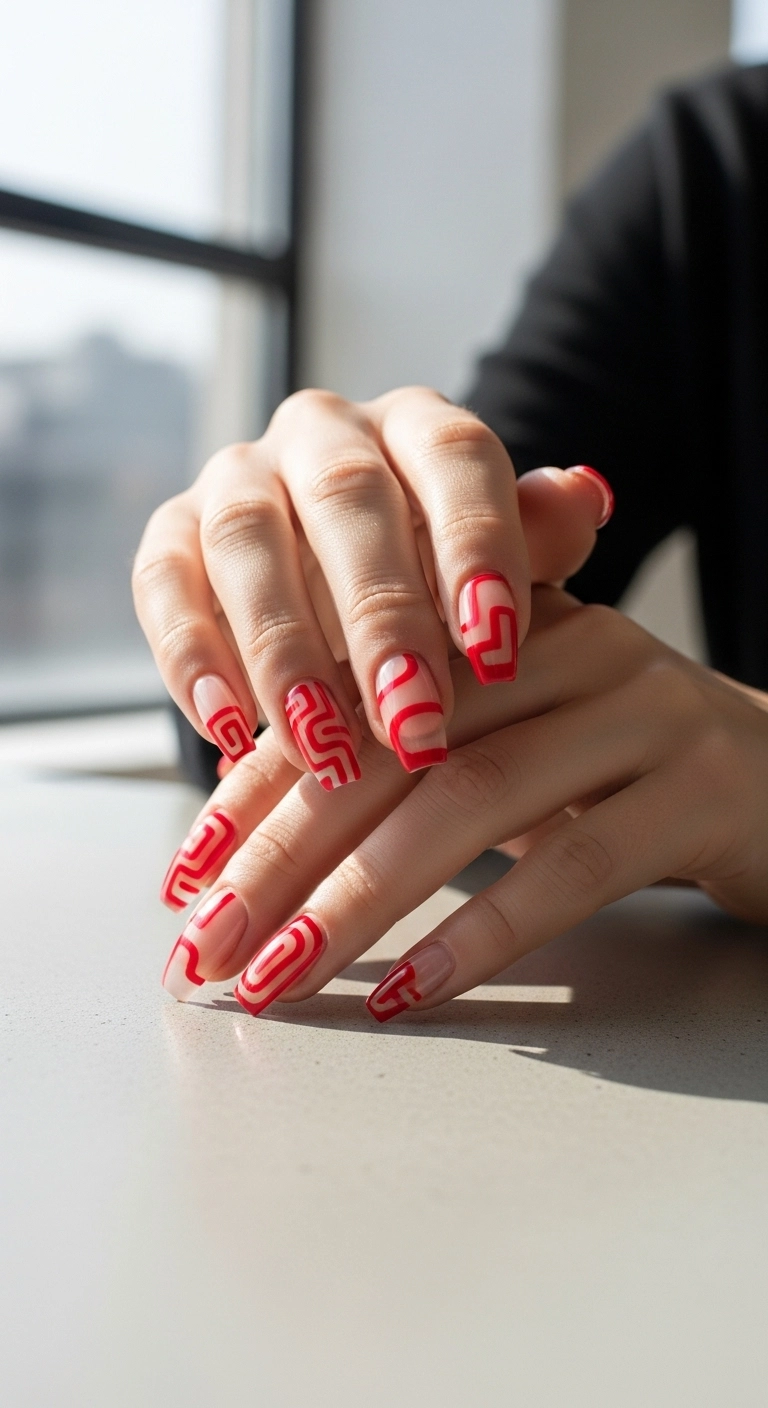 Long coffin nails with an artistic negative space design using bold red polish on a clear base.