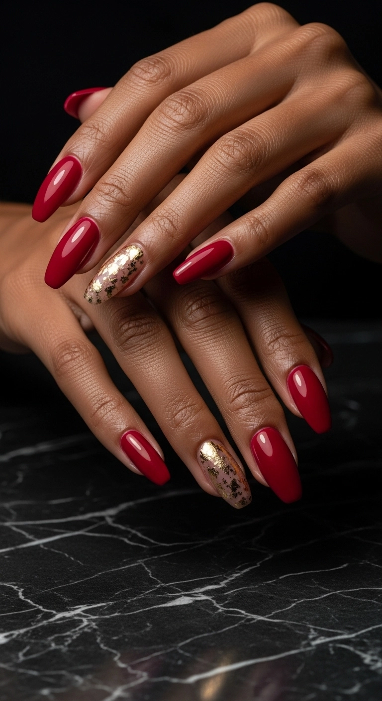 Elegant stiletto nails in a deep crimson red with delicate gold foil accents on the ring finger.