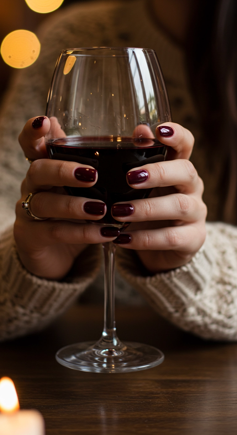 A woman's hands with deep burgundy wine-colored nails holding a glass of red wine.