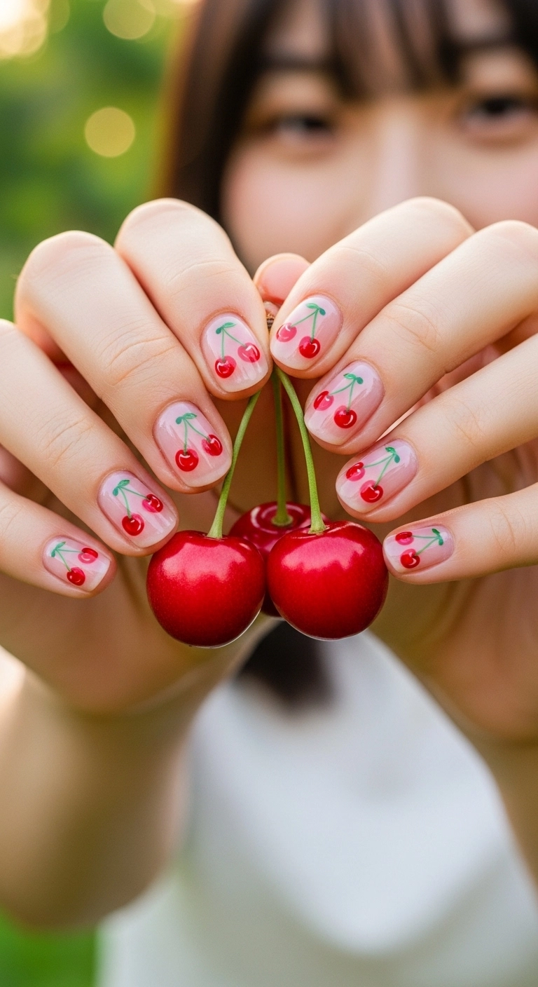Close-up on short round nails with a sheer pink base and cute hand-painted cherry designs.