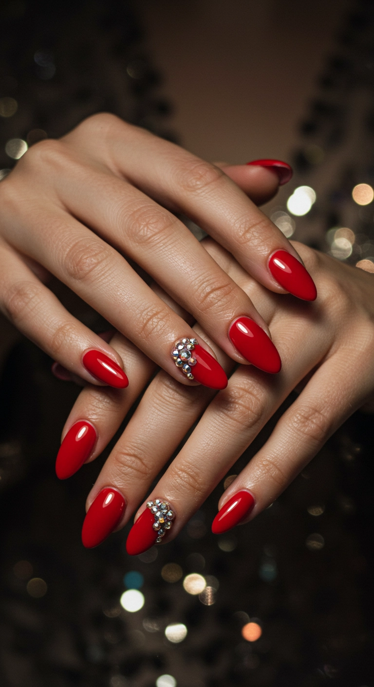 Stiletto nails in a classic glossy red with a delicate cluster of rhinestones at the cuticle.