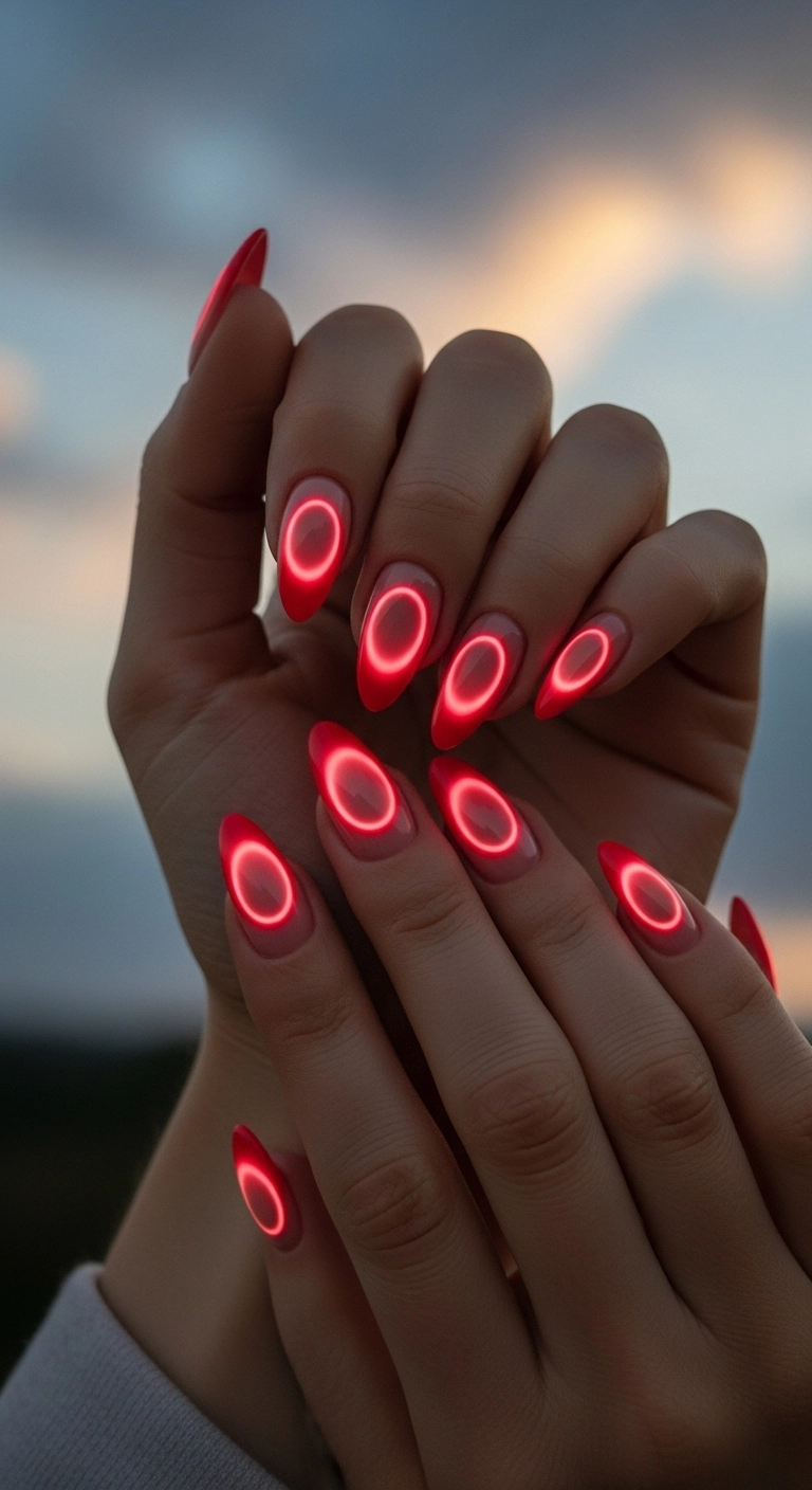 Almond-shaped nails with a nude base and a diffused red aura effect in the center.