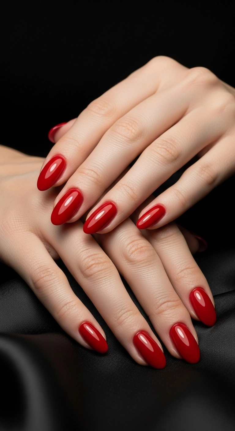 A woman's hands with classic glossy red almond-shaped nails resting on black silk.